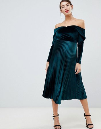 ASOS Maternity | ASOS DESIGN Maternity pleated velvet bardot midi dress