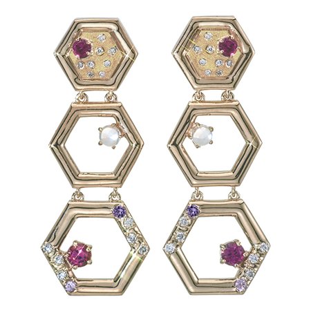 Favo Hexagon 3 Tier Dangle Diamond Garnet and Moonstone Earrings by GiGi Ferranti