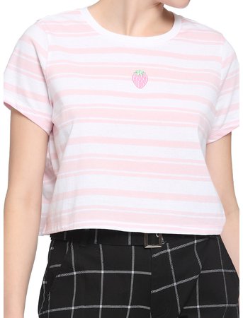 Pink & White Stripe Strawberry Girls Boxy Crop T-Shirt
