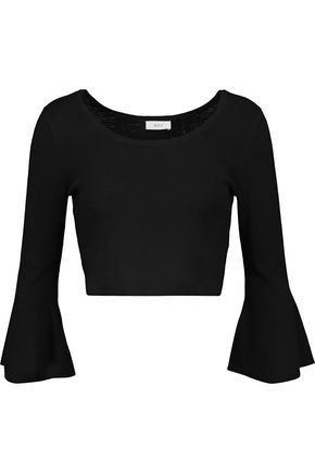 Woman Mara Cropped Fluted Merino Wool-Blend Sweater Black