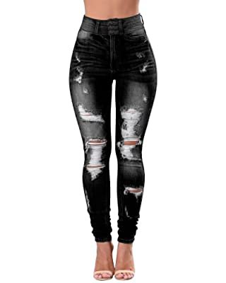 Women's High Waist Skinny Ripped Jeans Slim Destroyed Denim Stretch Trousers at Amazon Women's Jeans store