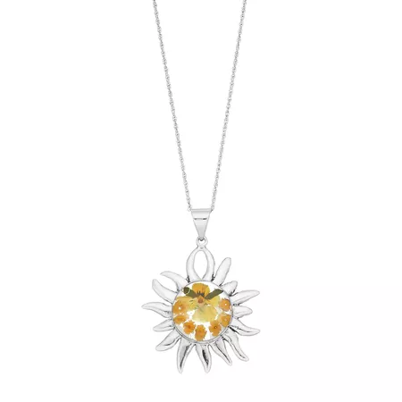 Sterling Silver Pressed Flower Sun Pendant Necklace