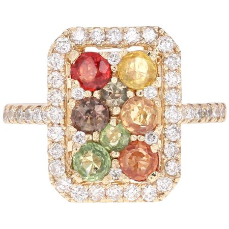 2.24 Carat Multicolored Sapphire Diamond 14 Karat Yellow Gold Cluster Ring For Sale at 1stDibs