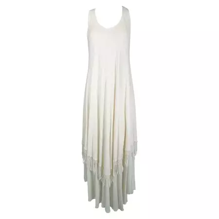 Laise Adzer Off White Racer Shoulder Maxi Layered Fringe Hem Sleeveless Dress For Sale at 1stDibs
