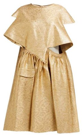 Cut Out Cotton Blend Brocade Midi Dress - Womens - Gold