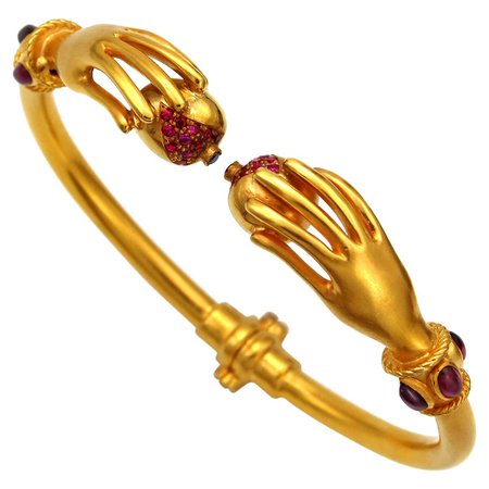 22k Gold Bracelet with Pomegranates Rubies and Sapphire For Sale at 1stDibs