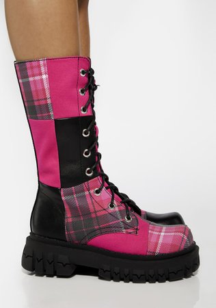 Delia's Plaid Vegan Leather Patchwork Lace Up Boots - Pink/Black | Dolls Kill