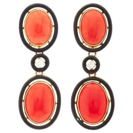 Art Deco Coral Black Enamel Earrings
