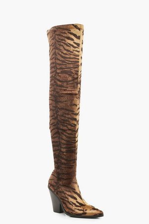 Tiger Print Knee High Cowboy Boots | Boohoo