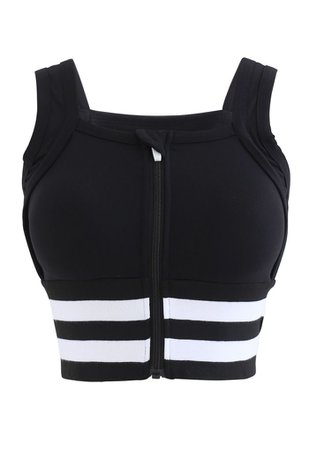 Ribbed Block Stripe Zip Front High-Impact Sports Bra in Black - Retro, Indie and Unique Fashion