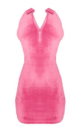 Pink Velour Zip Through Collar Bodycon Dress | PrettyLittleThing USA
