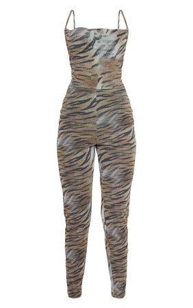 Tan Tiger Print Cowl Neck Mesh Jumpsuit | PrettyLittleThing USA