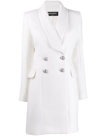 White Balmain Double Breasted Long Line Jacket | Farfetch.com