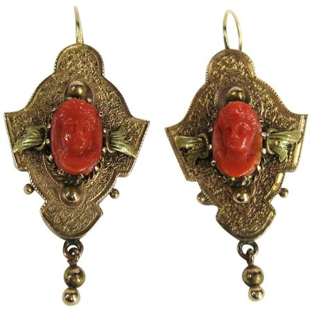 14 Karat Gold Coral Carved Antique Cameo Earrings For Sale at 1stDibs