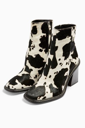 cow printed heeled boots
