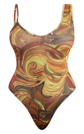 Khaki Printed Slinky Asymmetric Strap Bodysuit | PrettyLittleThing USA