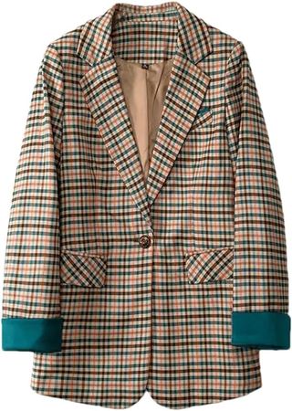 Women's Casual Plaid Pattern Blazers Suit Jacket Open Front Mid Length Suit Top with Pockets at Amazon Women’s Clothing store