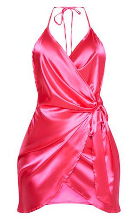 Hot Pink Satin Halterneck Wrap Bodycon Dress | PrettyLittleThing