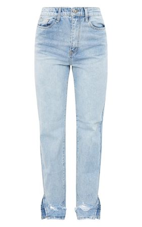 Light Blue Wash Ripped Split Hem Straight Leg Jeans | PrettyLittleThing USA