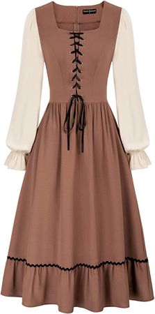 Amazon.com: Women Medieval Renaissance Dress Lace Up Vintage Long Sleeve Midi Peasant Dress Brown S : Clothing, Shoes & Jewelry
