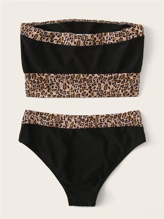 Plus Contrast Leopard Bandeau Bikini Swimsuit | SHEIN USA