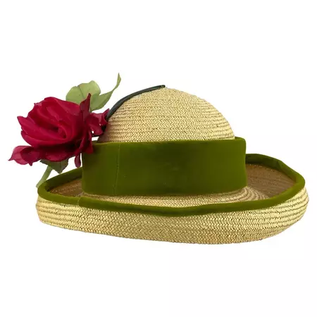 1960s Christian Dior Chapeaux by Marc Bohan Woven Wicker Floral Rose Velvet Hat For Sale at 1stDibs