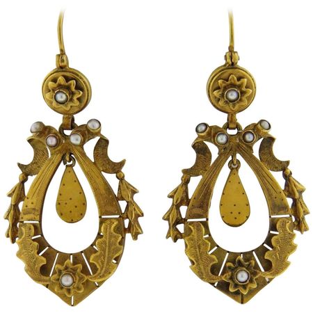 Antique Pearl Gold Dangle Earrings For Sale at 1stDibs