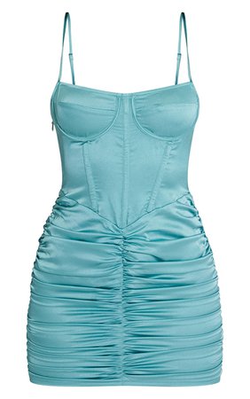 TEAL SATIN STRAPPY CORSET DETAIL RUCHED SKIRT BODYCON DRESS £30.00 £27.00