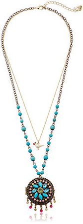 Betsey Johnson "Turqs and Caicos" Filigree Locket 2-Row Semiprecious Turquoise Bead Pendant Necklace, 21''+2.5'' Extender: Clothing