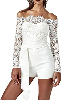 Amazon.com: Women Lace Jumpsuit Off The Shoulder Short Pants Belt Sexy Romper White M: Clothing