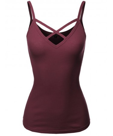 Solid Ribbed Crisscross Front Spaghetti Strap Cotton Tank Top | 05 Burgundy
