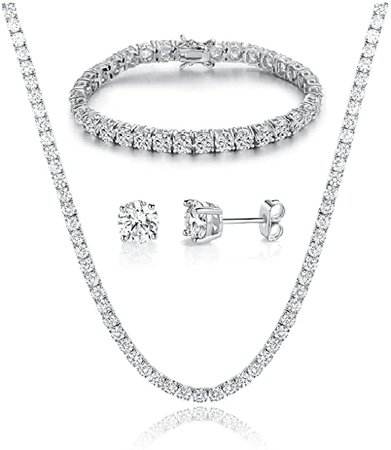 Amazon.com: Gemsme 18K White Gold Plated Tennis Necklace/Bracelet/Earrings Sets Pack of 3: Clothing, Shoes & Jewelry