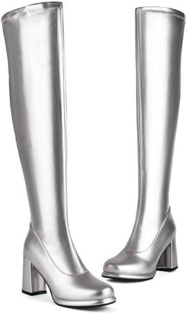 Amazon.com: KOKOMOMO Metallic Platform Boots Patent Leather Thigh High Heeled Full Zip Boots Over The Knee High Heel Boots : Clothing, Shoes & Jewelry
