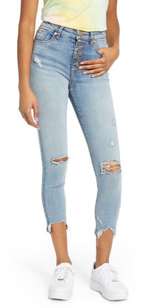 Ripped High Waist Button Fly Skinny Jeans