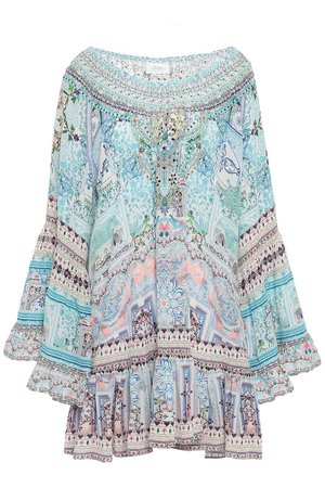 Sky blue Off-the-shoulder embellished printed silk crepe de chine mini dress | Sale up to 70% off | THE OUTNET | CAMILLA | THE OUTNET