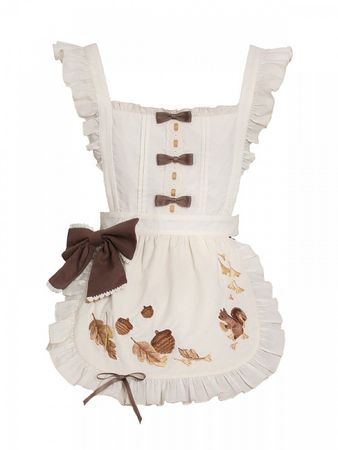 Autumn Pinecone Song Squirrel Embroidery Bowknot Details Apron