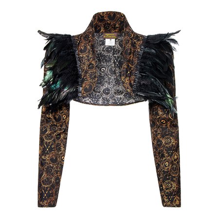 Golden Steampunk Bolero Jacket, Black Feather Shrug, Alt Fashion