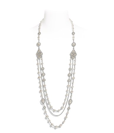 Long Necklace, metal, glass pearls & diamantés, silver, pearly white & crystal - CHANEL