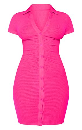Pink Short Sleeve Ruched Brushed Rib Shirt Dress | PrettyLittleThing USA