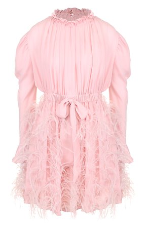 Женское светло-розовое шелковое мини-платье с перьевой отделкой и воротником-стойкой VALENTINO — купить за 391000 руб. в интернет-магазине ЦУМ, арт. QB2VAIJ51MH