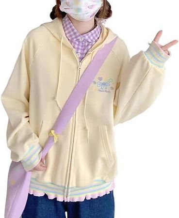 SYYRXB Women's Japanese Sweetheart Embroidery Candy Lace Hem Loose Kawaii Zipper Hoodie Girls' Thin Top Hoodie at Amazon Women’s Clothing store