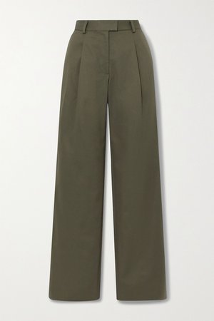 Dark green Angie pleated cotton-twill wide-leg pants | Bella Freud | NET-A-PORTER