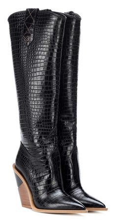 FENDI Black Croc Cowboy Knee Boots