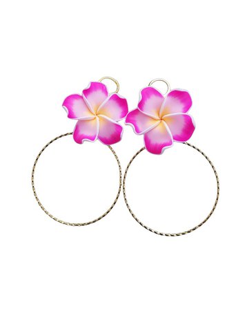 Hawaii Tropical Handmade Polymer Clay Flower Plumeria Hibiscus Pink Yellow Island Hawaiian Beach Summer Long Gold Hoop Earrings 3.4"