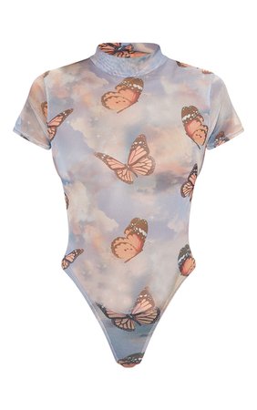 Blue Butterfly Print Short Sleeve Bodysuit | PrettyLittleThing USA