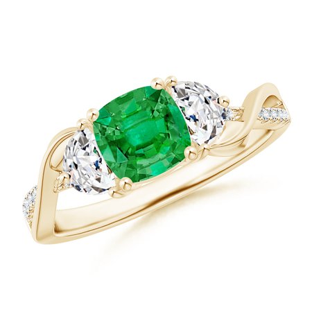 Cushion Emerald and Half Moon Diamond Leaf Ring