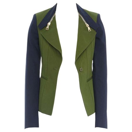 GIVENCHY TISCI military green navy blue sleeve zip collar cutaway jacket FR34 XS For Sale at 1stdibs