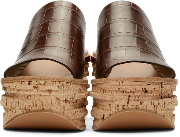 Chloé: Brown Croc Camille Wedge Mule Sandals | SSENSE
