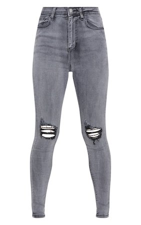 Plt Grey 5 Pocket Knee Rip Skinny Jeans | PrettyLittleThing