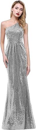 Amazon.com: KAREVER Women Sequined Long Bridesmaid Dresses One Shoulder Pleat Sequins Wedding Party Gown : Clothing, Shoes & Jewelry